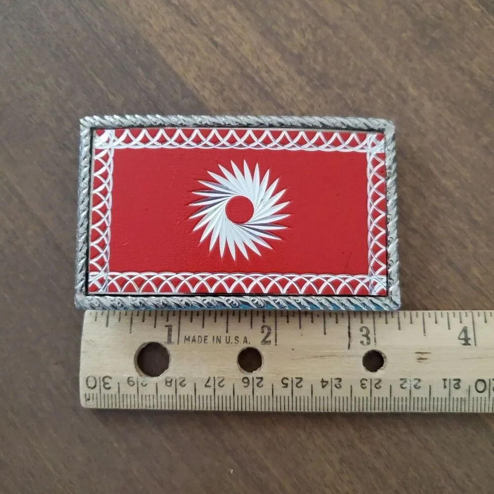 Western MCM SunBurst Belt Buckle Red Silver Tone Swirl Laser Etched